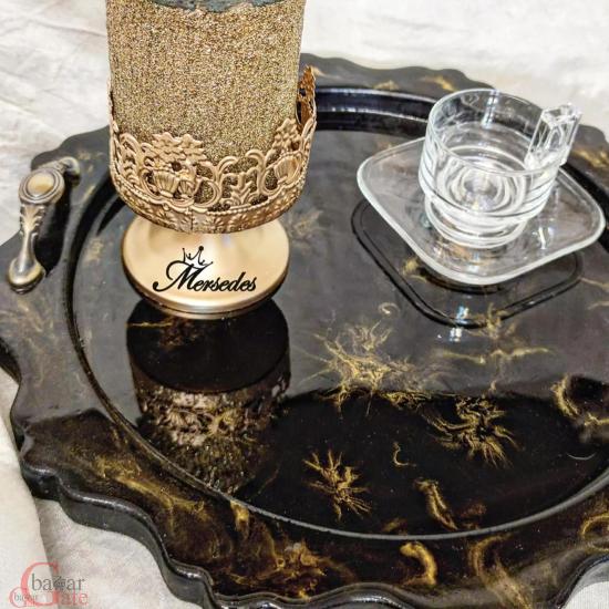 سینی گرد با دسته چوب و رزین